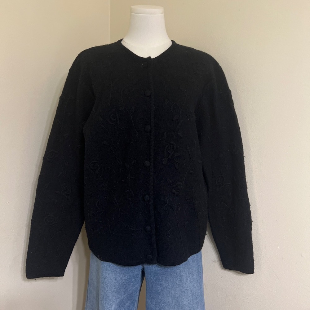 Karen Scott Pure Wool Cardigan Sweater Black Floral Embroidered Australia Large